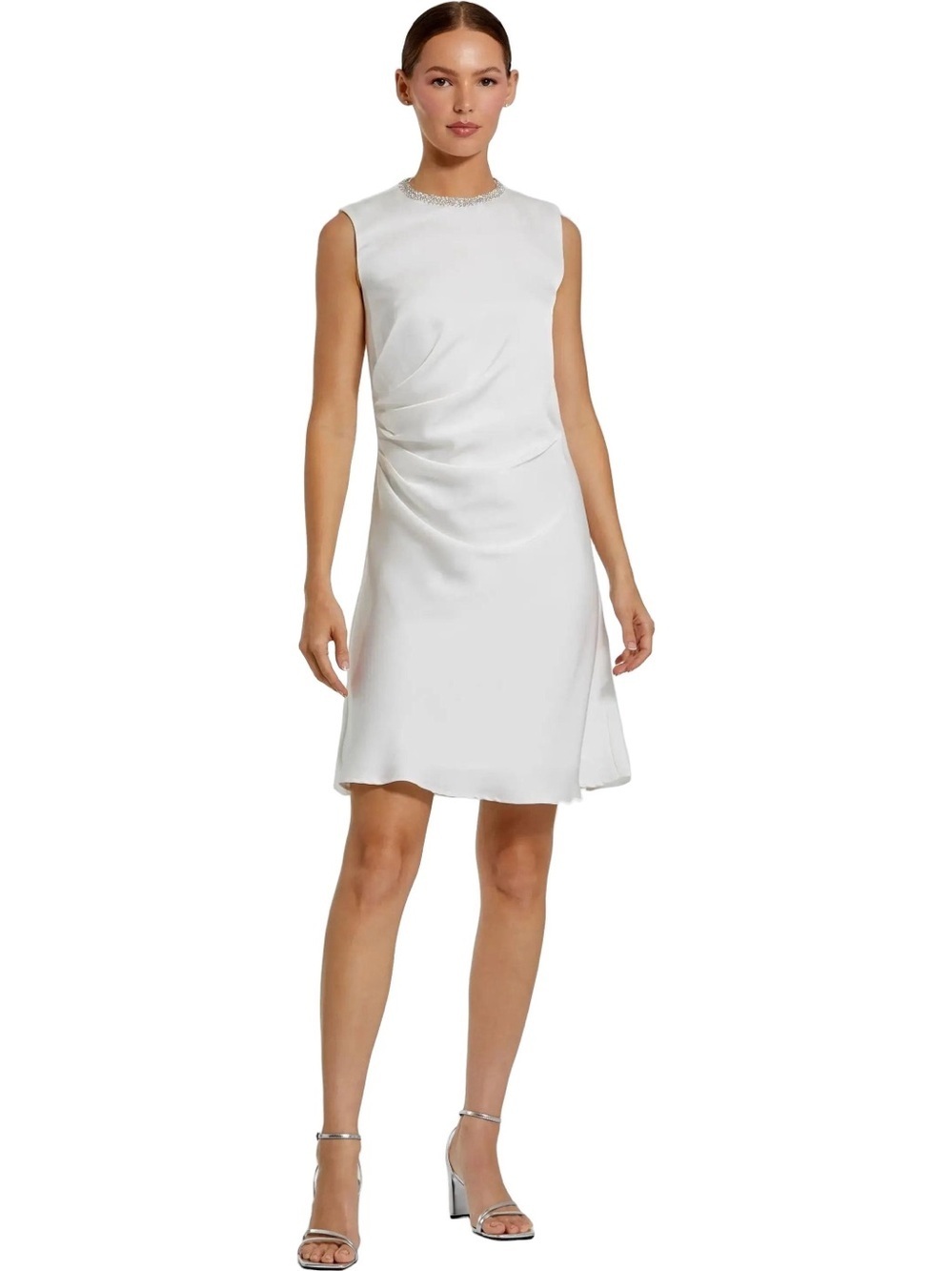 Mac Duggal rhinestone neckline draped mini dress in white size 0